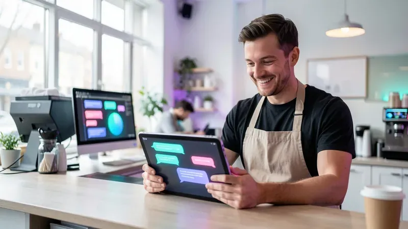 Cafe owner using an AI chat assistant on a tablet