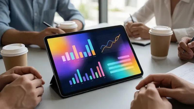 Tablet showing an analytics dashboard on a meeting table