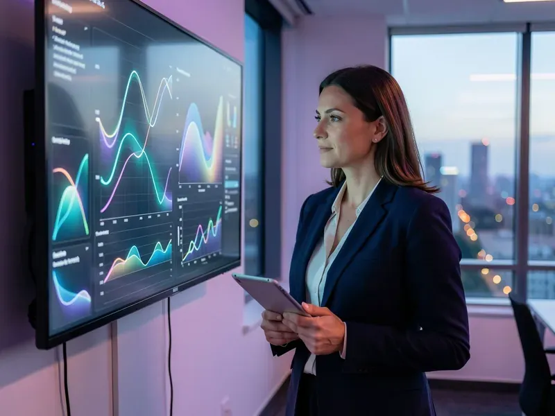 Business leader reviewing a live AI analytics dashboard on a wall screen