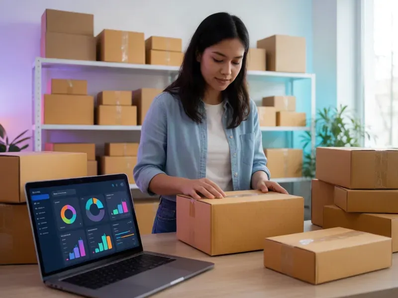 Online store owner packing an order in a small warehouse