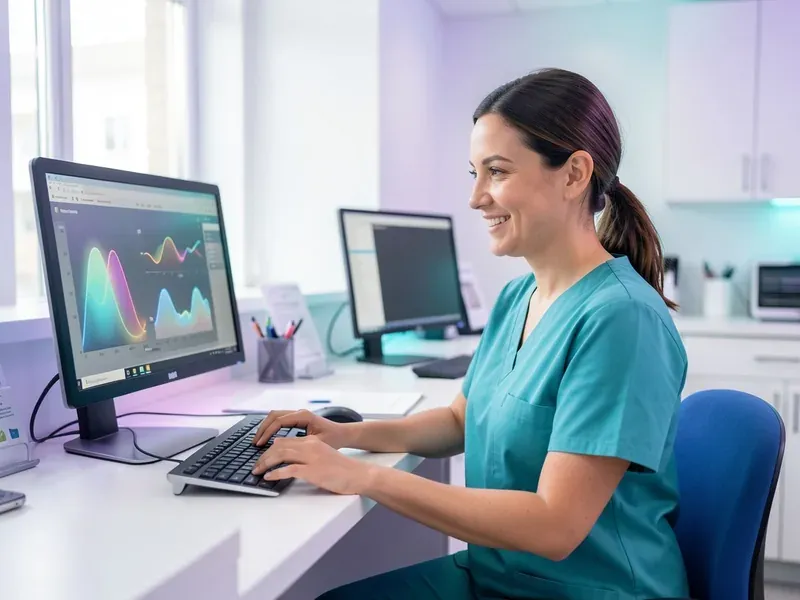 Clinic receptionist using a computer at a modern reception desk