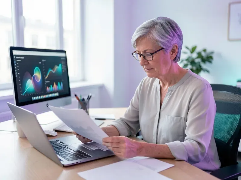 Accountant reviewing documents and a laptop at her desk