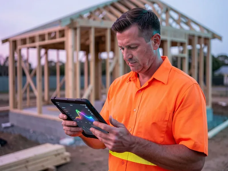 Tradesman checking a job on a tablet at a building site