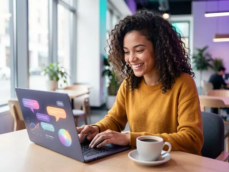 Woman chatting with an AI assistant on her laptop in a cafe