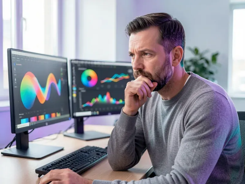 Data analyst reviewing charts across two monitors
