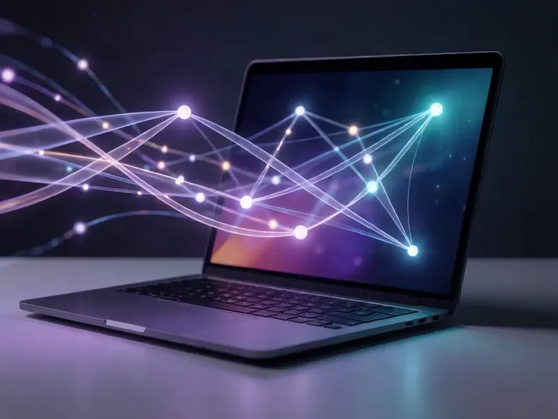 Laptop with streams of light representing automated data flowing between apps