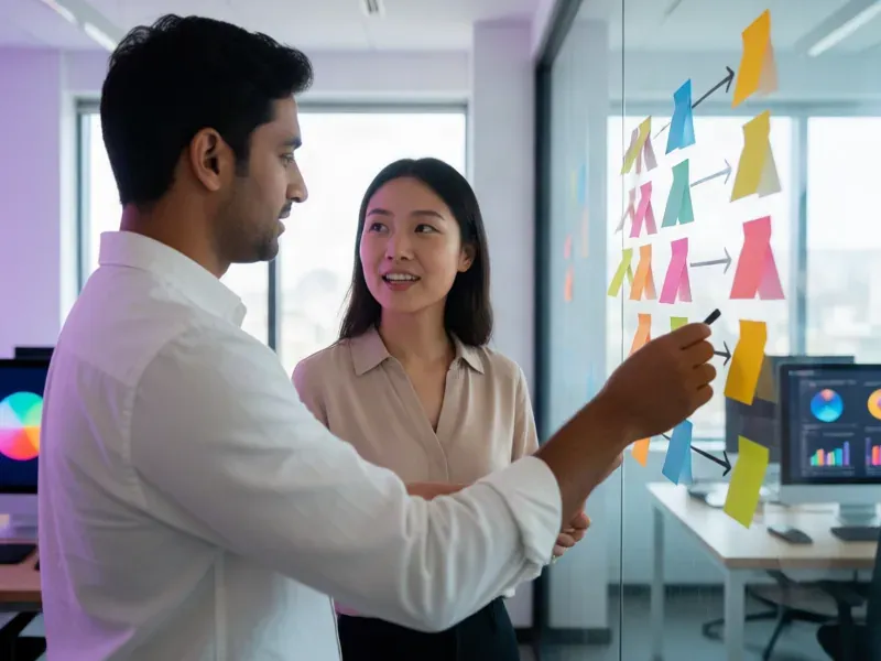 Two colleagues mapping an AI workflow with sticky notes on a glass wall