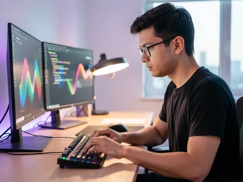 Software developer writing code on two monitors in the evening